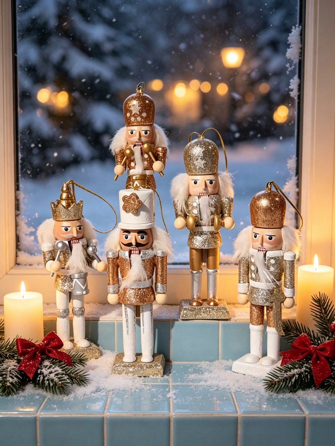 샴페인 골드 색상의 반짝이는 나무 인형 장식 5개 세트 - Nutcracker Figurine 리뷰 및 가격